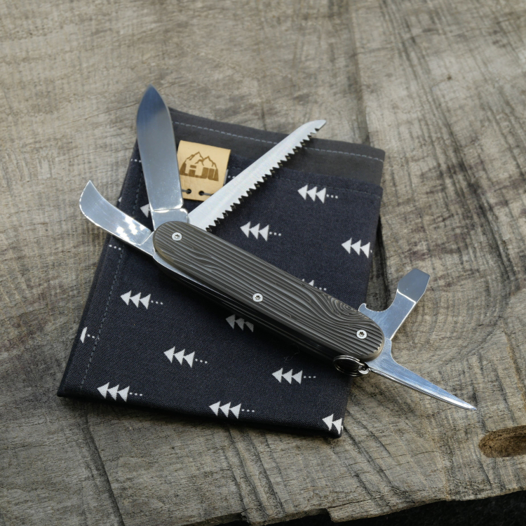 Preview: WOOD - SWISS ARMY 7, fertig montiertes Taschenmesser - Titan Grade 5  (Ti 6AI 4V)  - 93mm
